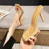 Women Summer New One Word Transparent Female Head High Heels Water Diamond Dew Toes Thin Heels External Slippers Zapatos Mujer