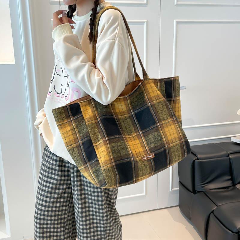 British Style Autumn and Winter Woolen Plaid Double-sided Bag Fresh College Style Shoulder Bag Large Capacity Lazy Style Tote Bag Women