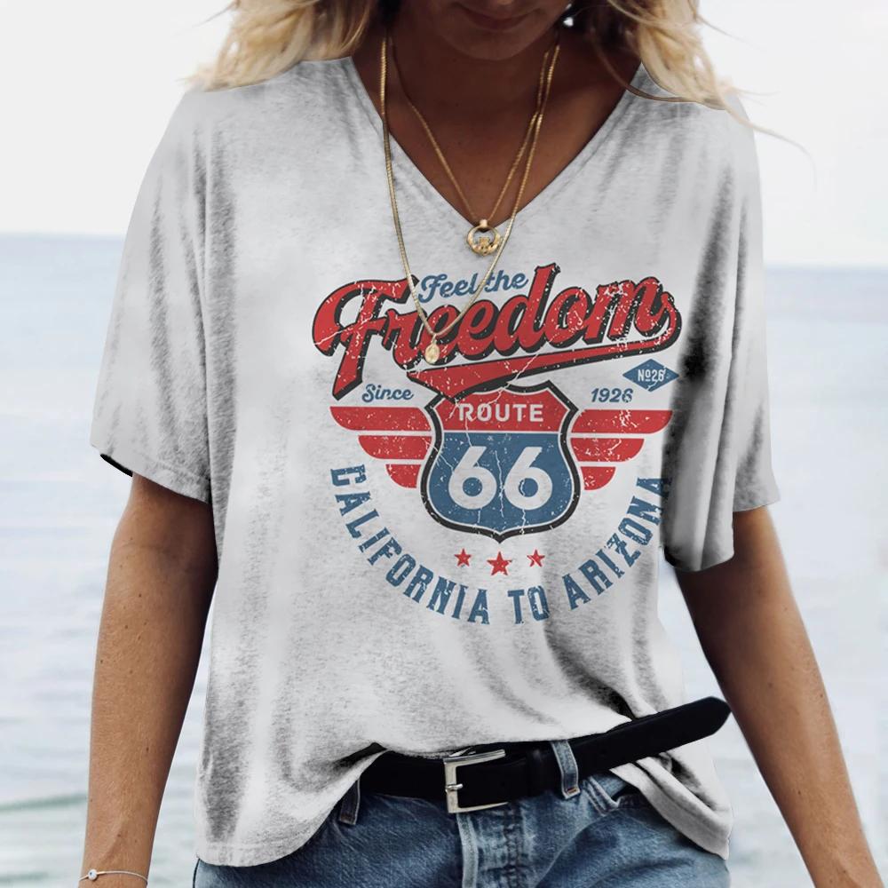Популярные женские футболки с 3D-принтом US Route 66 и v-образным вырезом, повседневные женские пуловеры с короткими рукавами, модные топы, женская одежда