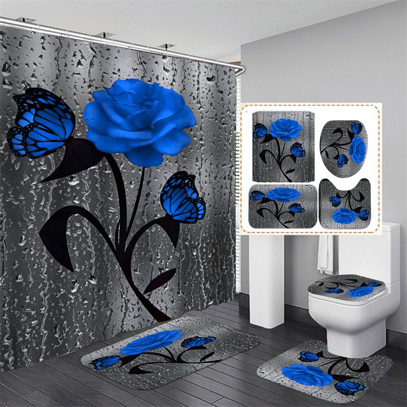 3D Beach Scenery Bathroom Bathing Waterproof Shower Curtain Home Entrance Doormat Bathtub 4Pcs Set Toilet Seat Cover Rugs Bath Non-Slip Floor Mat