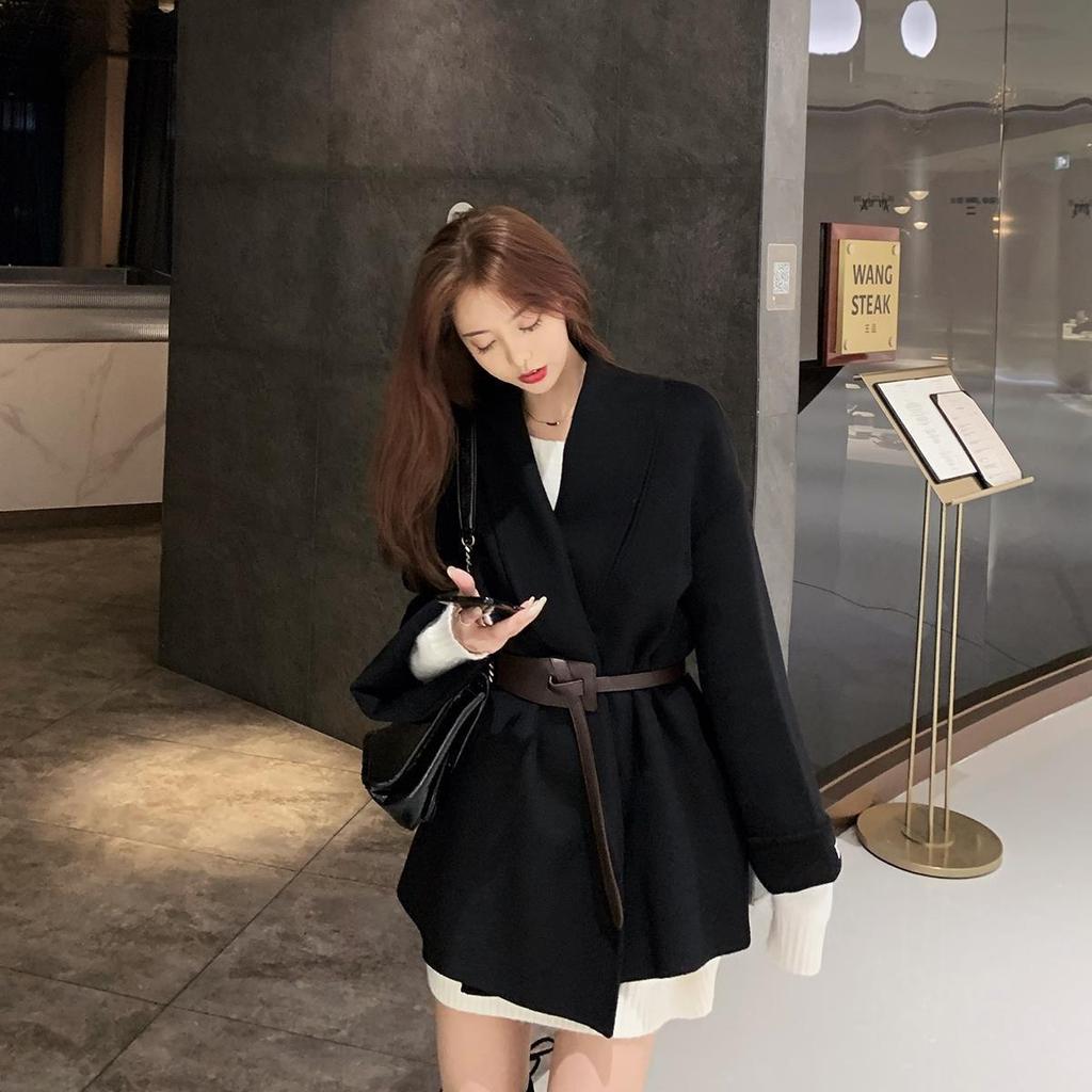 Women's Autumn and Winter New Thickened Cotton Double-sided Woolen Coat Loose Tie Woolen Coat Free Belt Acrylic