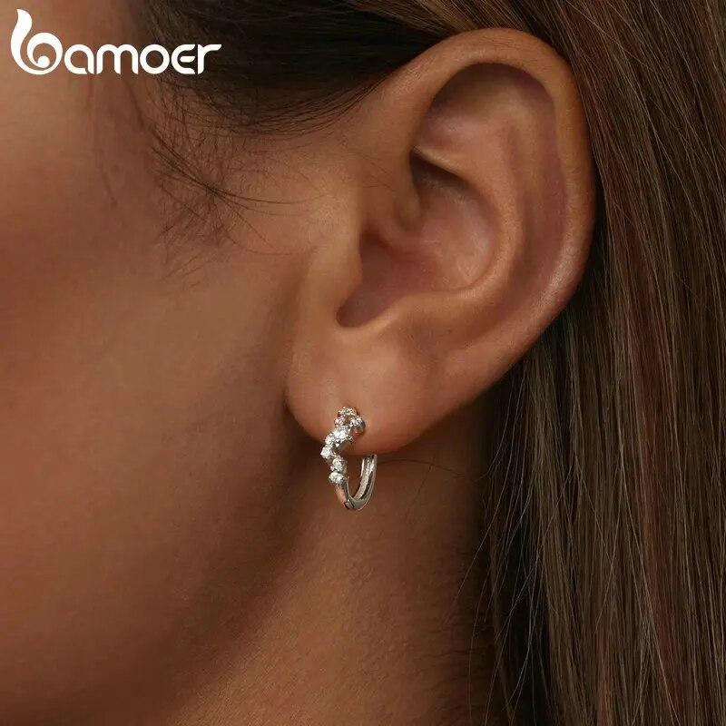 BAMOER 925 Sterling Silver Shiny Starry Ear Buckles Irregular Hoop Earrings for Women Shiny Zircon Fine Jewelry Gift