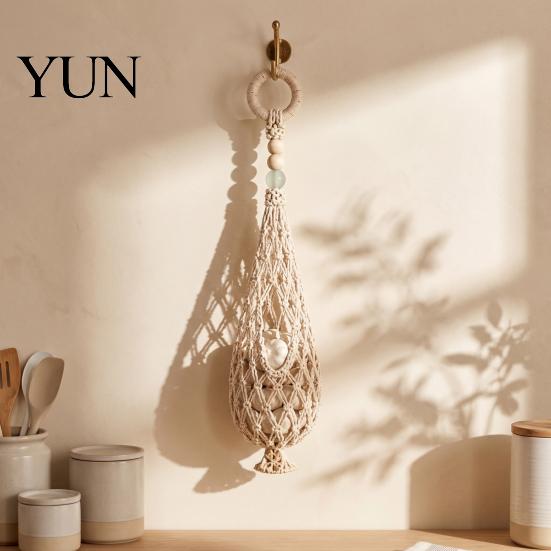 Kitchen Countertop Space Saver Handwoven Cotton Rope Storage Mesh Bag, Wall-Mounted Bohemian Style Organizer, Vertical for Garlic And Ginger