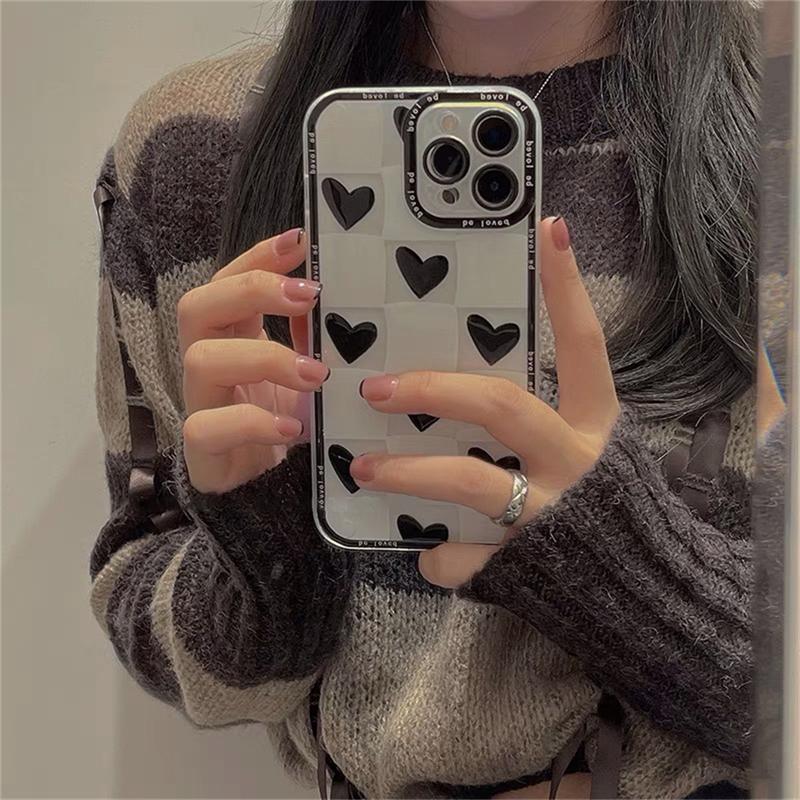 Корейский эстетический чехол для телефона с 3d сердечком и решеткой для Iphone 13 12 11 Pro Xs Max X Xr 7 8 Plus Se, милый мягкий силиконовый чехол на заднюю панель
