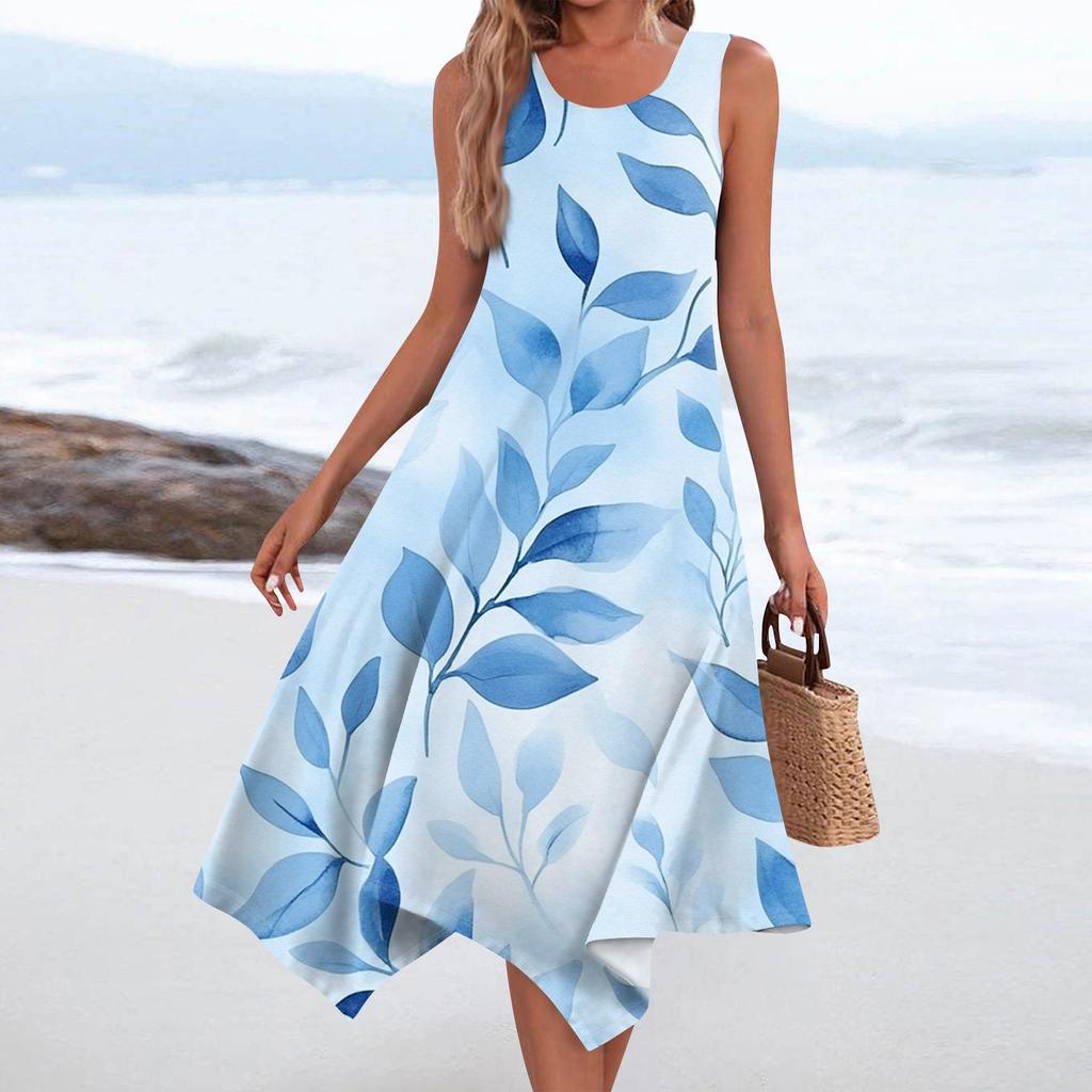 Женское повседневное модное платье средней длины с круглым вырезом без рукавов с винтажным цветочным принтом и неровным подолом