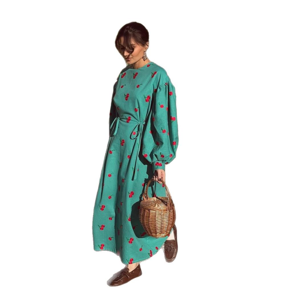 Женское весеннее европейское и американское новое модное ретро-платье с принтом, пышными рукавами, облегающее, на шнуровке