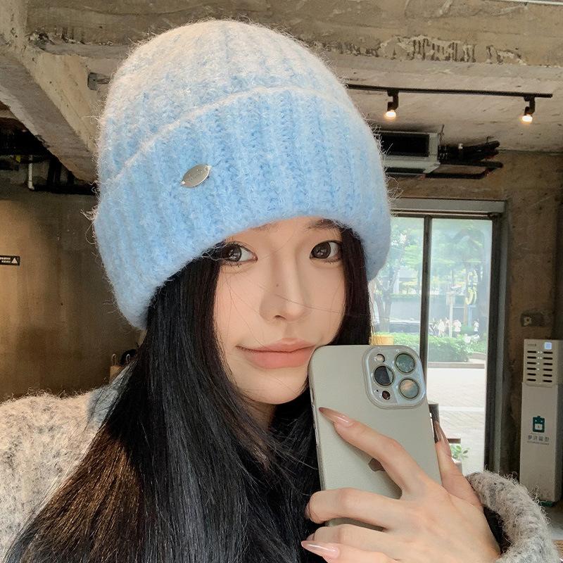 Синяя шерстяная шапка женская осенне-зимняя универсальная для лица маленькая вязаная шапка большой окружности головы зимняя теплая шапка с защитой ушей