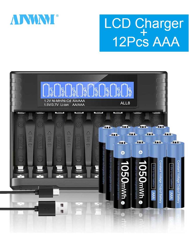 AJNWNM 1,5 В аккумулятор AAA перезаряжаемый 1050 мВтч аккумулятор AAA 1,5 В с ЖК-дисплеем зарядное устройство для 1,5 В литий-ионных аккумуляторов AA AAA