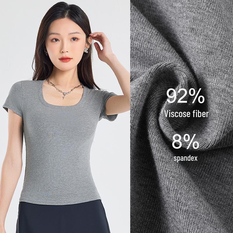 Футболка облегающего кроя для женщин с квадратным вырезом, лето 2025 г. - однотонная, короткие рукава, открытая ключица, смесь хлопка