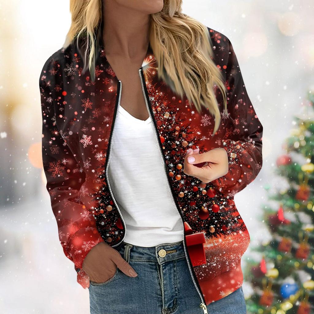 Женская легкая короткая куртка с длинными рукавами на молнии с принтом, повседневная стеганая куртка с карманами, рождественская