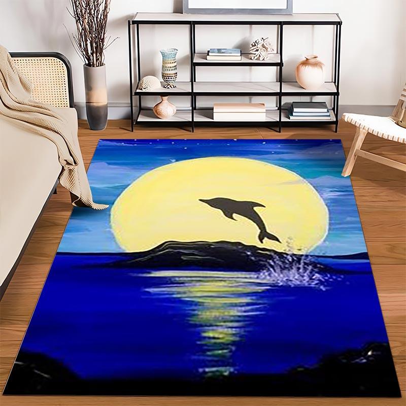 Moonlit Dolphin Jumping in Ocean Scene Decorative Area Rug Carpet Suitable for use as an anti-slip for living room bedroom sofas