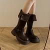 Универсальные ботфорты на толстой подошве для увеличения роста и стройности, женские, осень 2025, новая модная взрывная модель с отворотами, рыцарские сапоги