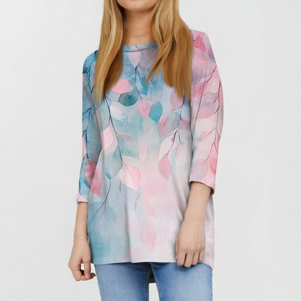 Women's Fashion Casual Round Neck 3/4 Sleeve Loose Printed T-Shirt Ladies Top