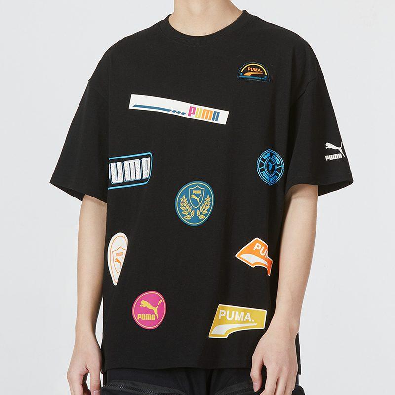PUMA PRINT MIX BADGE T Shirts Men's Black Crew Neck Moderate Straight Fit 537795-01