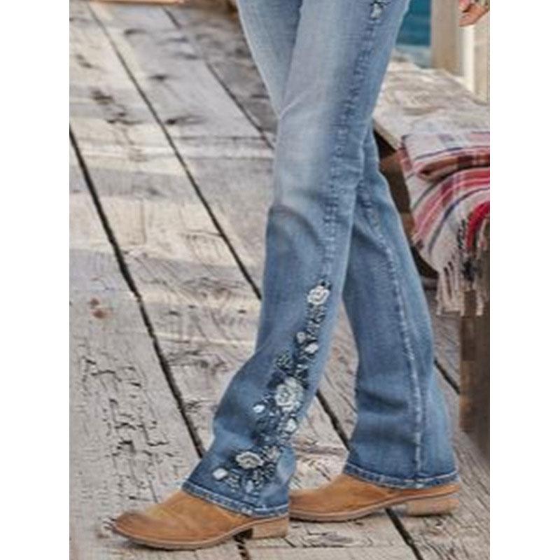 Винтажные узкие женские джинсы с высокой талией и вышивкой