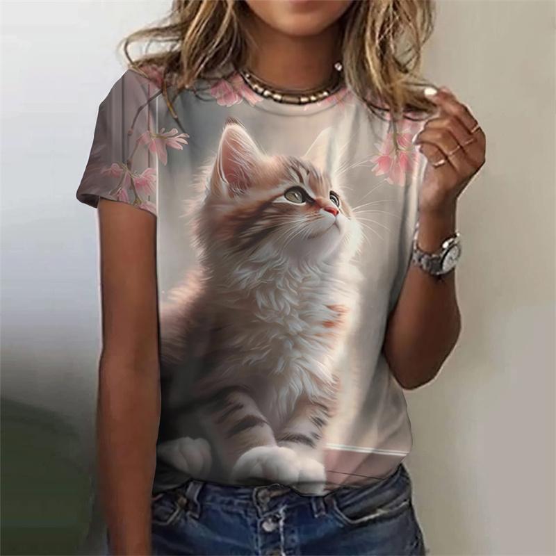 Flower Cat Pattern T-Shirt Women Colorful Animal 3D Printed T Shirts Summer Casual Harajuku Loose Tops Short Sleeves O-Neck Tees