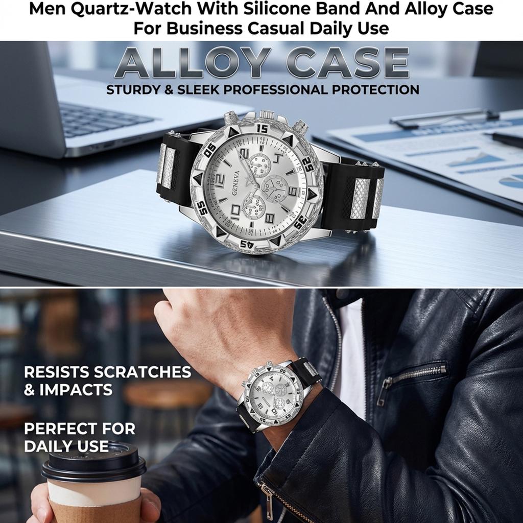 Men Quartz-Watch With Silicone Band And Alloy Case For Business Casual Daily Use