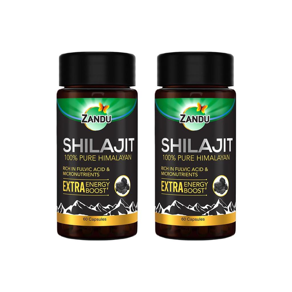 Капсулы Zandu Shilajit | Дополнительный заряд энергии | 100% чистый Гималайский | Проверено в лаборатории на тяжелые металлы и чистоту | 60 капсул X Упаковка из 2 шт. | 80+ Микроэлементов | Да