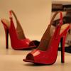 Fashion FHC 14CM High Heels,Patent Leather Women Pumps,Back Hollow Out Men Fetish Shoes.Peep Toe,Ankle Buckle Strap,Red,Customized Color