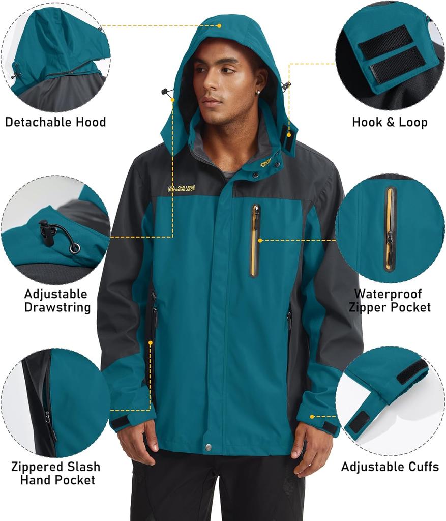 Demi-season Long Jacket Men's Hooded Windproof Water Resistant Rain Jacket Windbreaker 5 Pockets for Hiking,Fishing,Travel