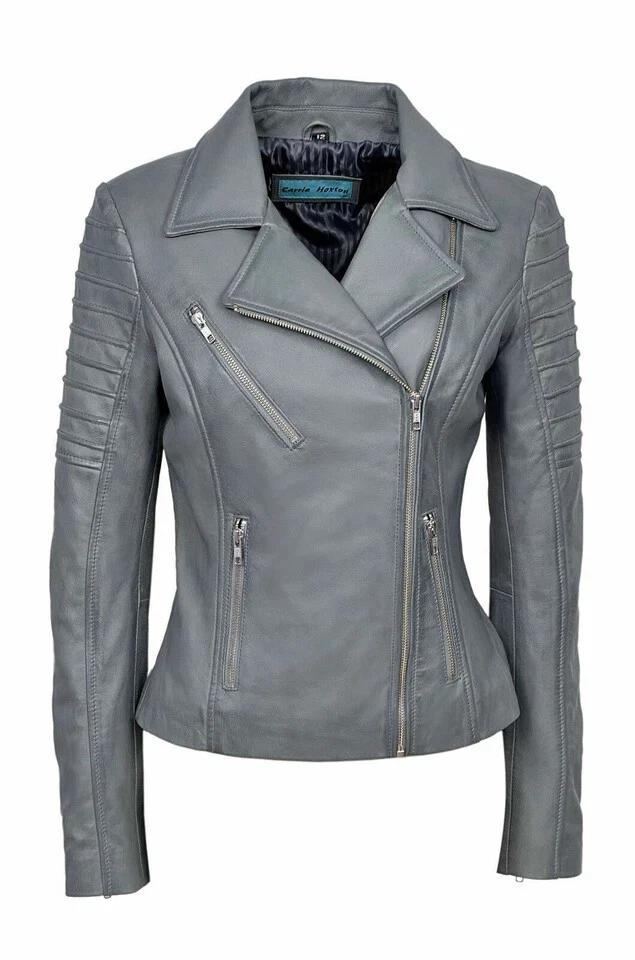 Handmade Leather Lambskin Stylish Women Jacket Gray Casual Biker Soft Fit