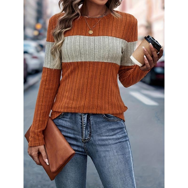 Женская футболка с круглым воротником и длинными рукавами, цветные блоки, мягкая женская одежда, топ, пуловер, повседневные базовые туники, облегающие футболки