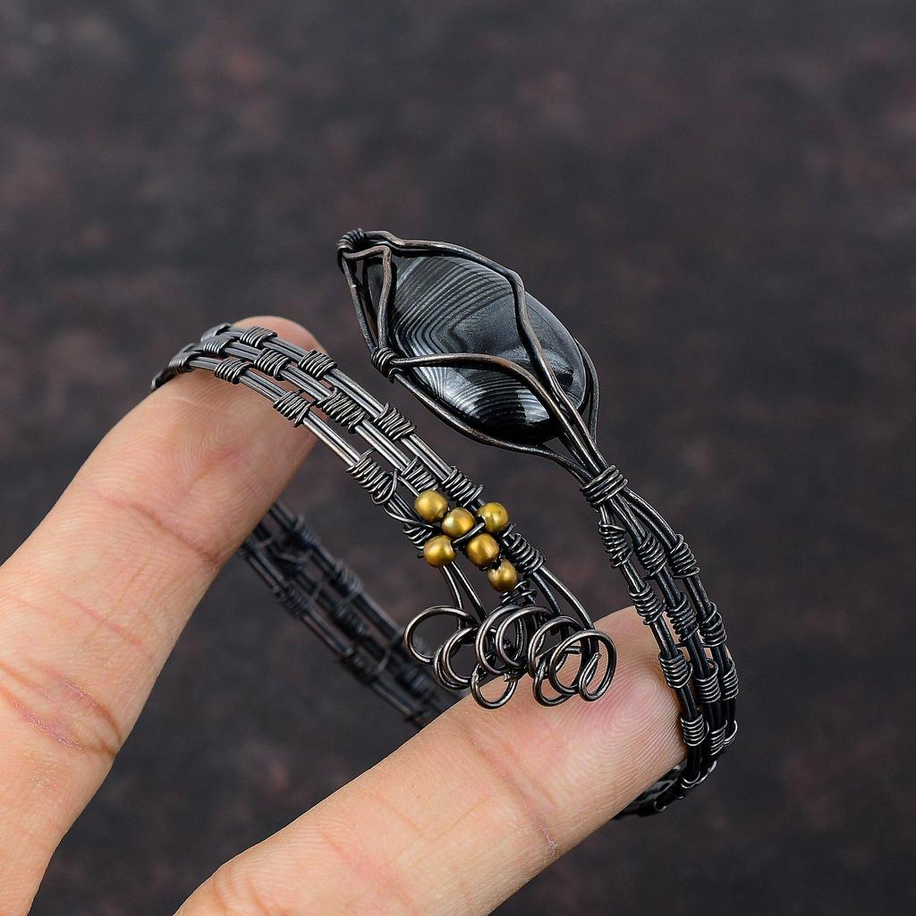 Браслет Psilomelane из натурального драгоценного камня, браслет-манжета из медной проволоки, регулируемый браслет ручной работы, ювелирные изделия из медной проволоки, подарок на годовщину