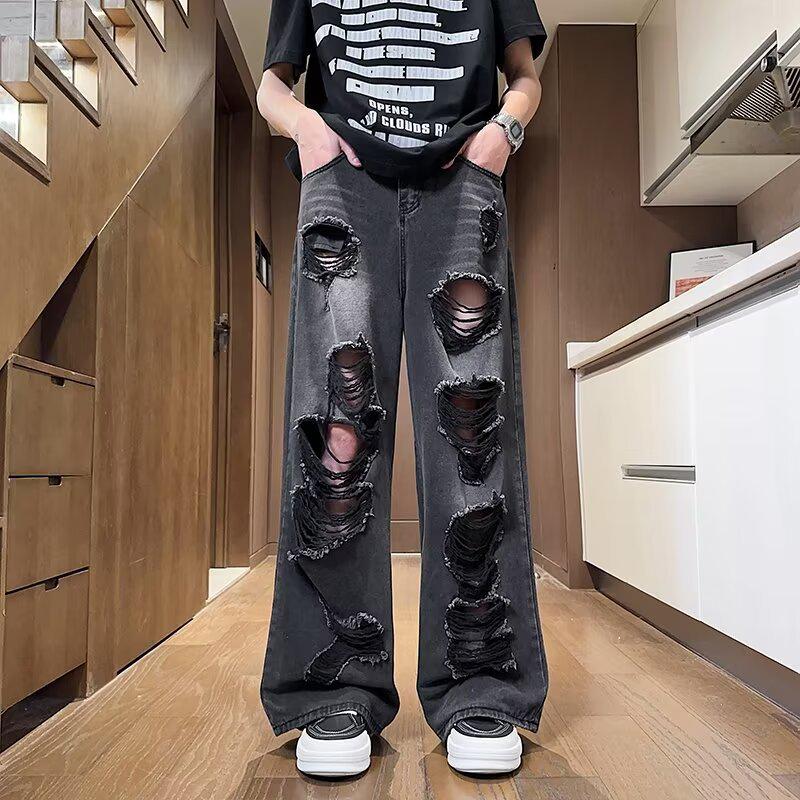 2024 American Retro Black Distressed Wide-Leg Denim Jeans