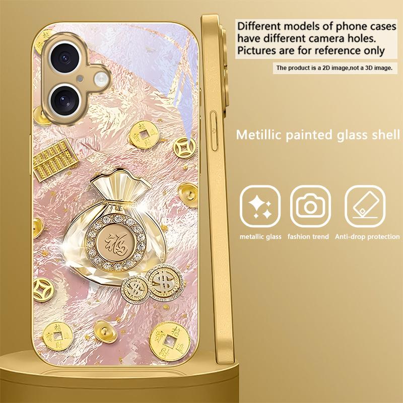 Счастливый мешок благословений Для iPhone 17 Pro Max 16 16E 15 14 13 Plus 12 mini 11 15Pro 17 Air XR X 17ProMax Золотой стеклянный чехол для телефона