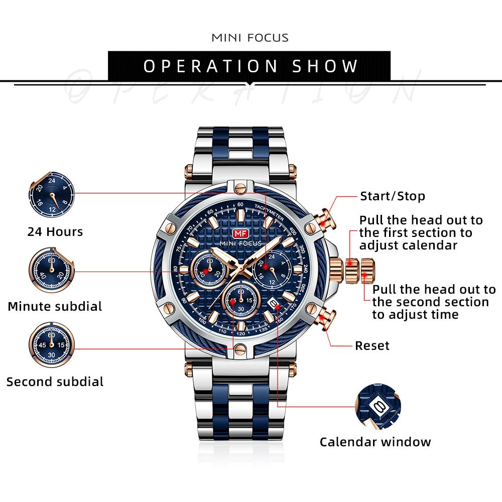 MINI FOCUS Stainless Steel Man Watch Business Leisure Quartz Wrist Watches Waterproof Outdoor Multifunctional Sports Watch 0470G