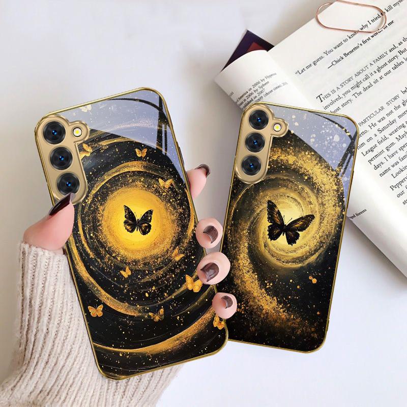 Vortex Black Butterfly For Samsung Galaxy S20 FE S21 S22 S23 Plus S24 Ultra S25Ultra S21+ S9+ S22Plus Golden glass phone case