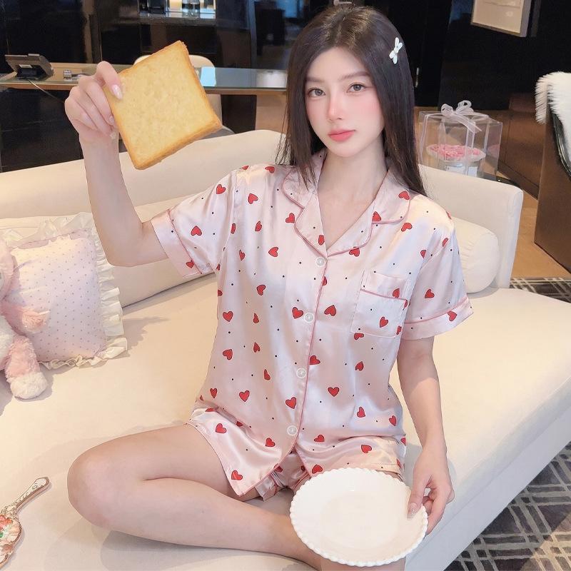 High-value girl love summer new princess style short-sleeved ice silk thin loungewear suit can be worn outside