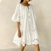 Spring Summer Short Dress Solid Color Cotton Loose Waist White Lace Pullover Vacation Style Dress