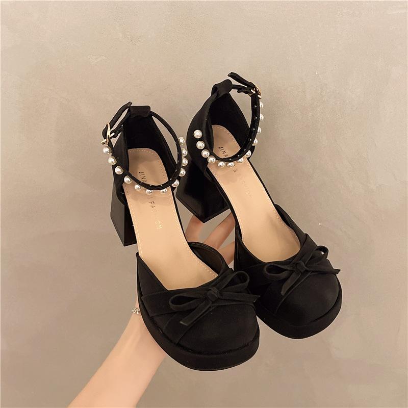 Французские босоножки на толстом каблуке с бантом женские 2025 лето маленький квадратный носок бант сумка на носке супер высокий каблук женские