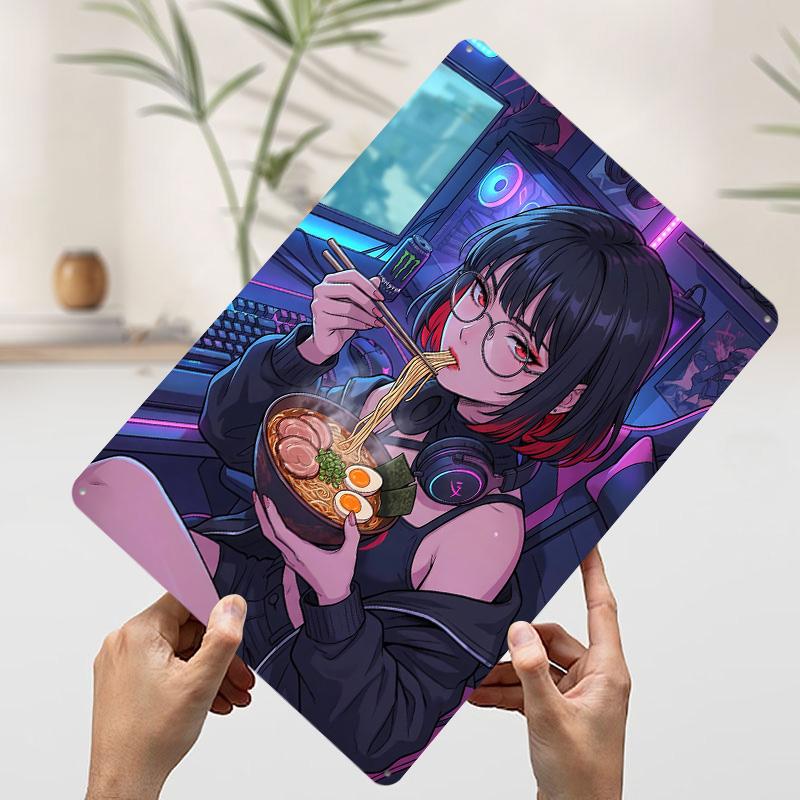 Anime Girl Eating Ramen in Gaming Setup Printed Poster Customized Retro Wall Art Vintage Metal Tin Signs for Home Coffee Bar