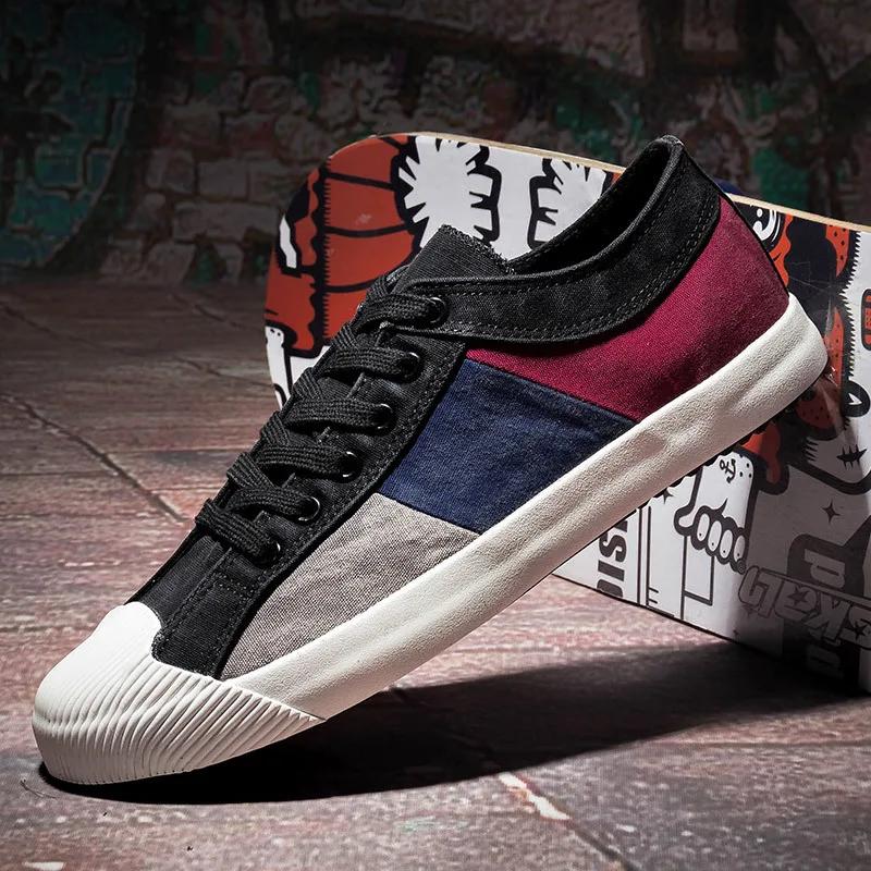 Мужская парусиновая обувь с цветными блоками, дышащая повседневная обувь, лоферы, мягкие удобные уличные туфли на плоской подошве, мужские плимсоллы на шнуровке