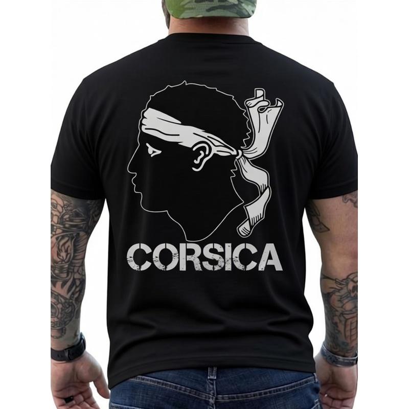Men'S Corsican Moor'S Head And White Bandana T-Shirt - 100% Short Sleeve Casual Shirt With Iconic Corsica Symbol Print On Back, Breathable Round Neck