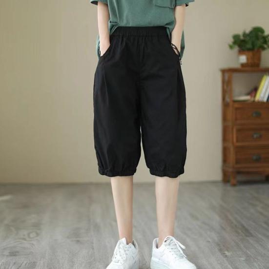 Women Shorts Mid-rise Elastic Waist Knee-Length Pants Solid Color Loose Fit Short Pants Streetwear
