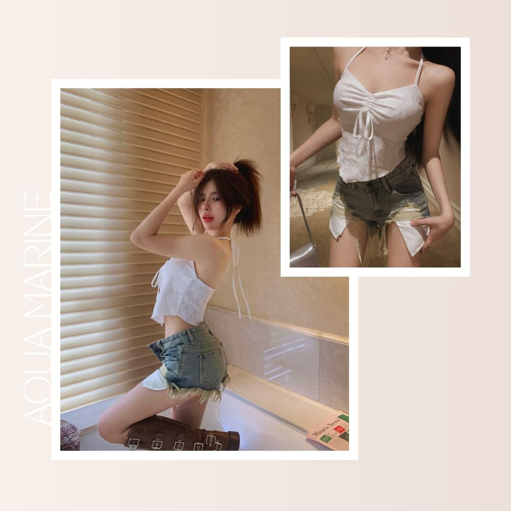 Укороченный топ AQUA Marine с кружевным халтером, сборками и лентой. Женственный и милый для повседневного или сексуального летнего курортного образа. Один женский вырез горловины, грудь,