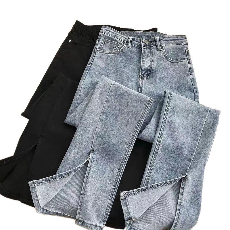Уличная одежда, эластичные джинсовые брюки-клеш, женские винтажные джинсы с высокой талией, женские шикарные серые джинсы-клеш