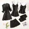 Women's Silk Five-Piece Pajama Set: Spring/Autumn Nightdress & Robe with Chest Pad