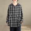 Long Sleeve Oversized Cotton Vintage Hooded Plaid Casual Loose  Spring Autumn T Shirt Tops Women T-shirt