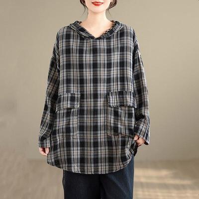 Хлопковая винтажная худи оверсайз с длинным рукавом в клетку, повседневная свободная футболка, топы, женская футболка, весна-осень