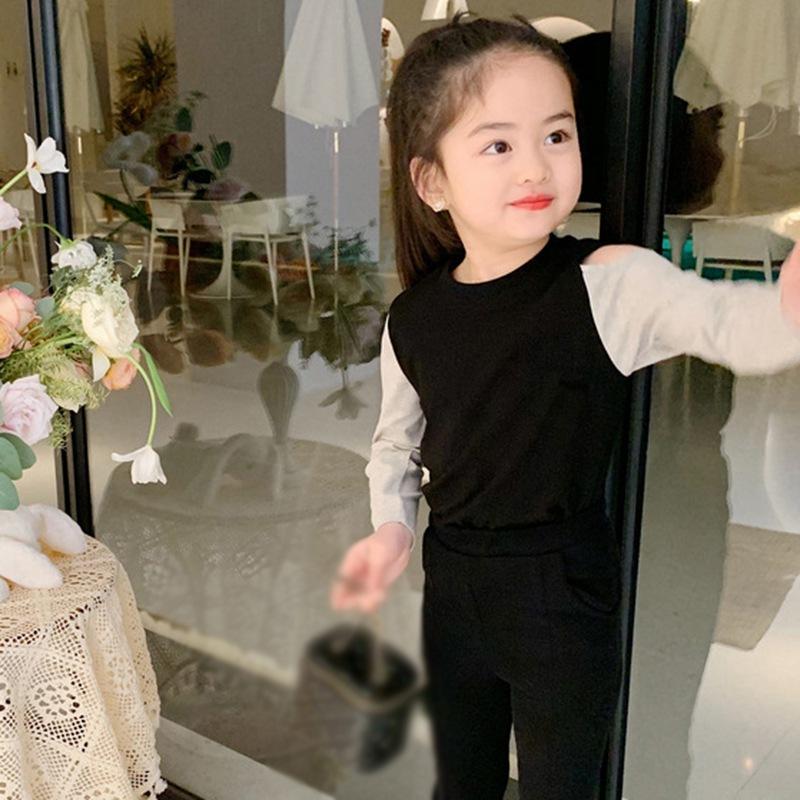 Детская лоскутная блузка для маленьких девочек с открытыми плечами и круглым вырезом, повседневный пуловер, топы, футболка, футболка с длинными рукавами, базовая футболка, детская одежда, От 3 до 8 лет