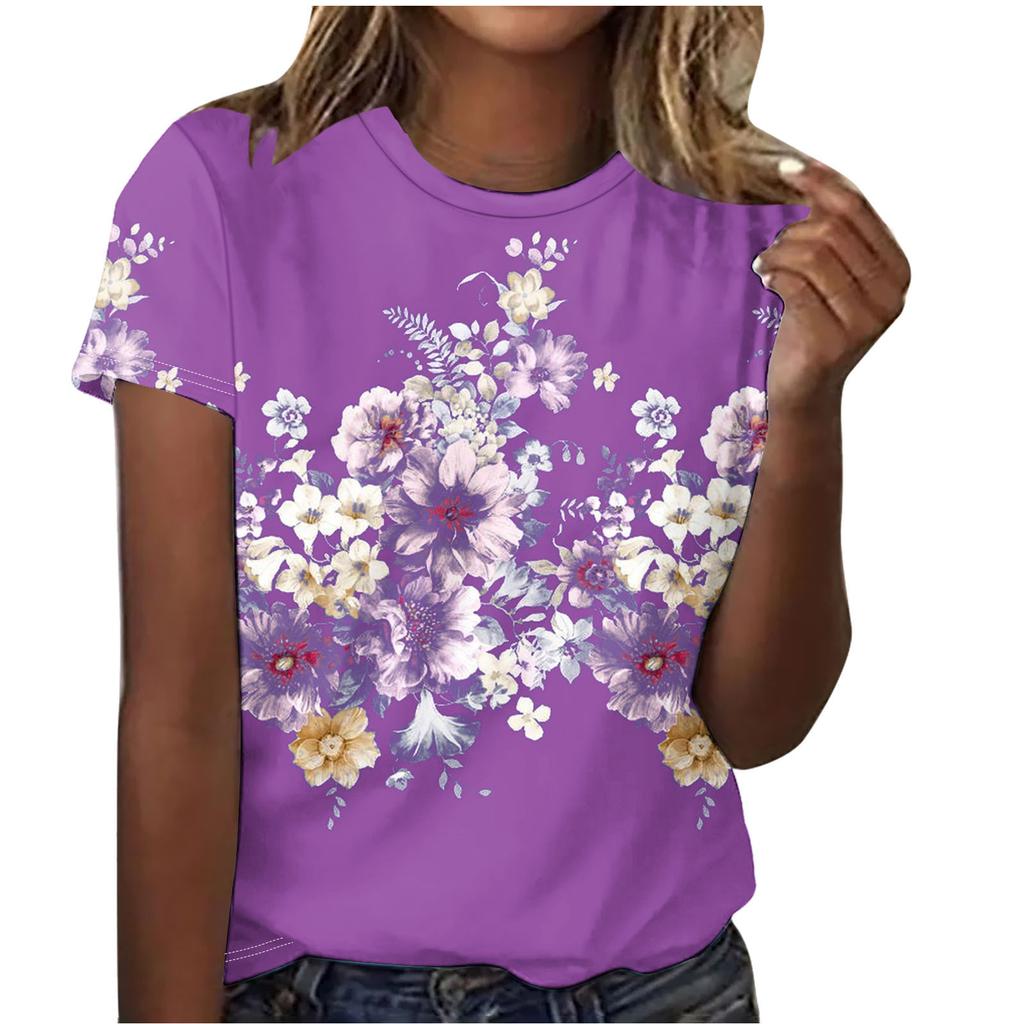 Summer Round Neck Beautiful Floral Print Top Fashionable Casual Short Sleeved Women's T-shirts