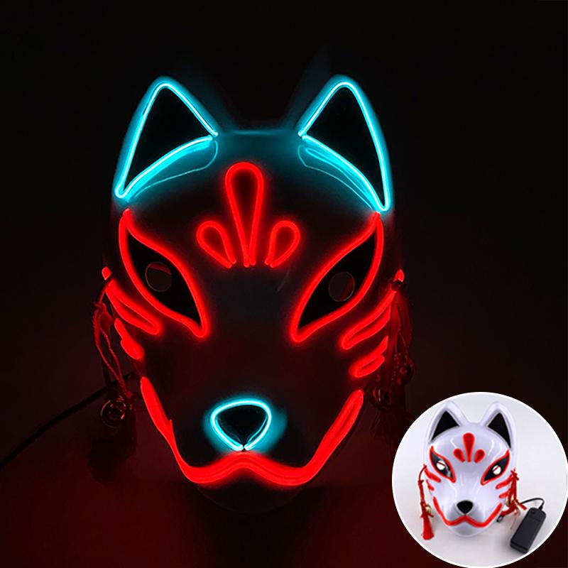 LED Painted Fox Mask Glowing Ctue Kitsune Masks Cute Red Fox Costume Props Japanese Mask For Women Girls Red Animal Mask