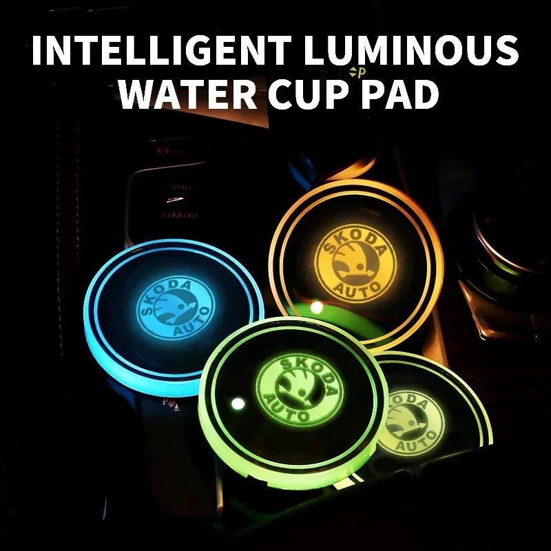 uwbgx9 Car Logo Cup Coaster Holder Car Led Atmosphere Light Lamp For Skoda Fabia Superb Yeti Octavia Rapid Kodiaq A4 A6 A7 A5 Kamiq