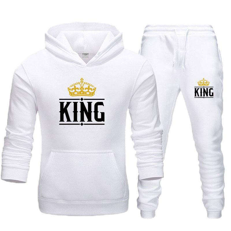 Спортивный костюм для пары, модная толстовка с принтом KING и QUEEN и брюки, мужские толстовки, женские толстовки, флисовые костюмы