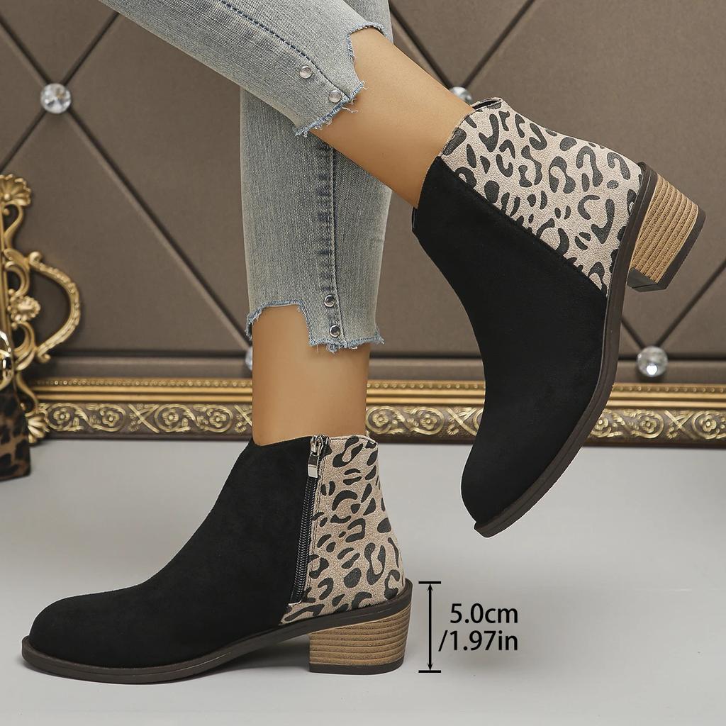 Autumn Winter Black Women's Retro Suede Ankle Boots Leisure Cowboy Boots Leopard Comfortable Ladies Boots Sapatos Femininos