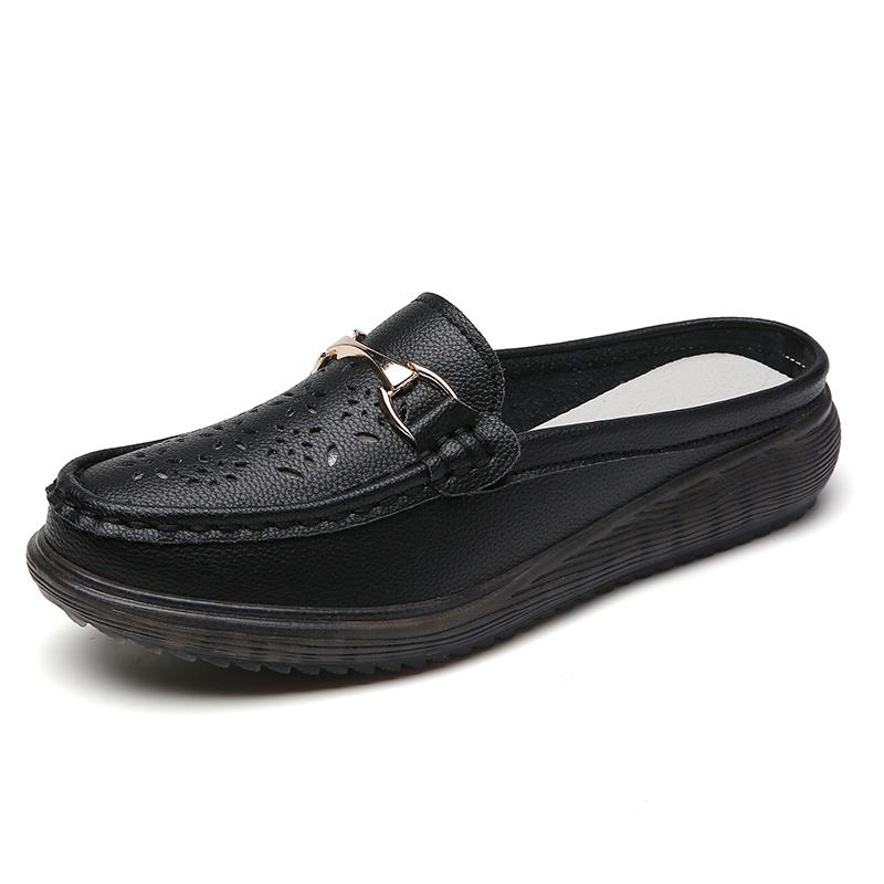 Women Soft Mules Loafers Slip On Slippers Casual Elegant Summer Breathable Leather Black Moccasin Shoes